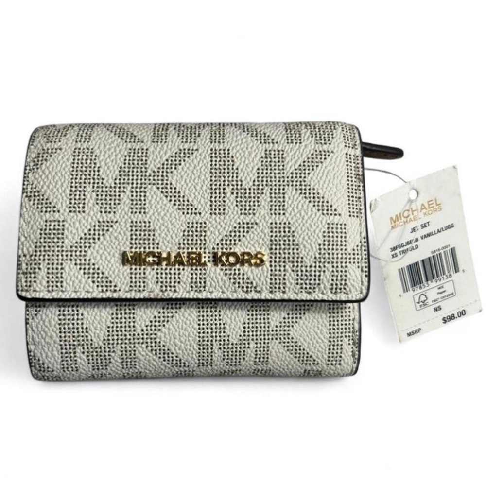 Michael Kors White Logo Canvas Trifold Wallet with Gold Hardware